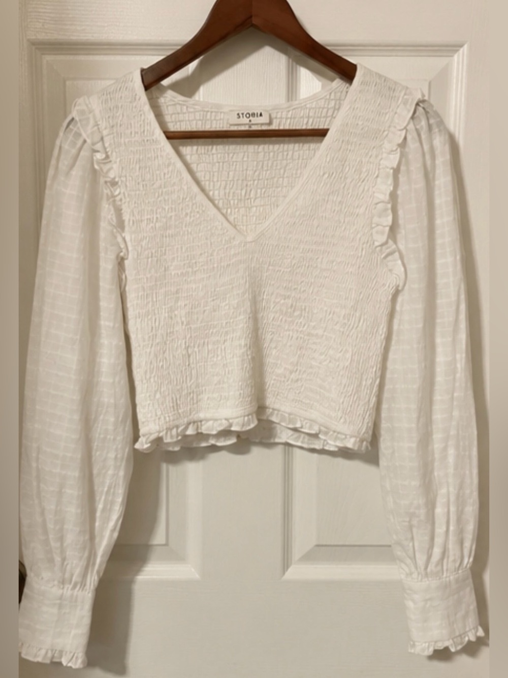 Storia White Smocked V-Neck Ruffle Sleeve Blouse